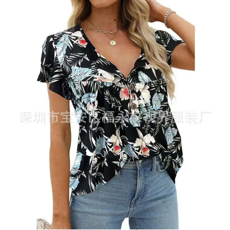 Women Floral Pleated Top Summer Casual Slim Fit - Image 4