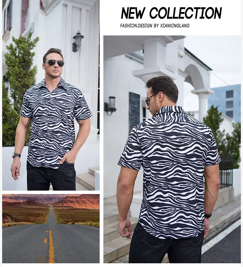 Men's Digital Printed Cuban Collar Shirt Extra Large Blue Patterned — feature 8