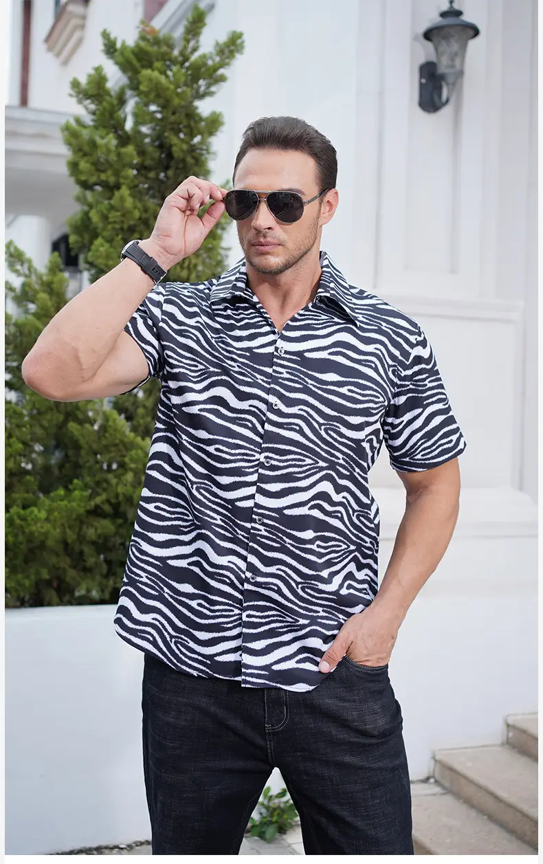 Men's Digital Printed Cuban Collar Shirt Extra Large Blue Patterned — feature 9