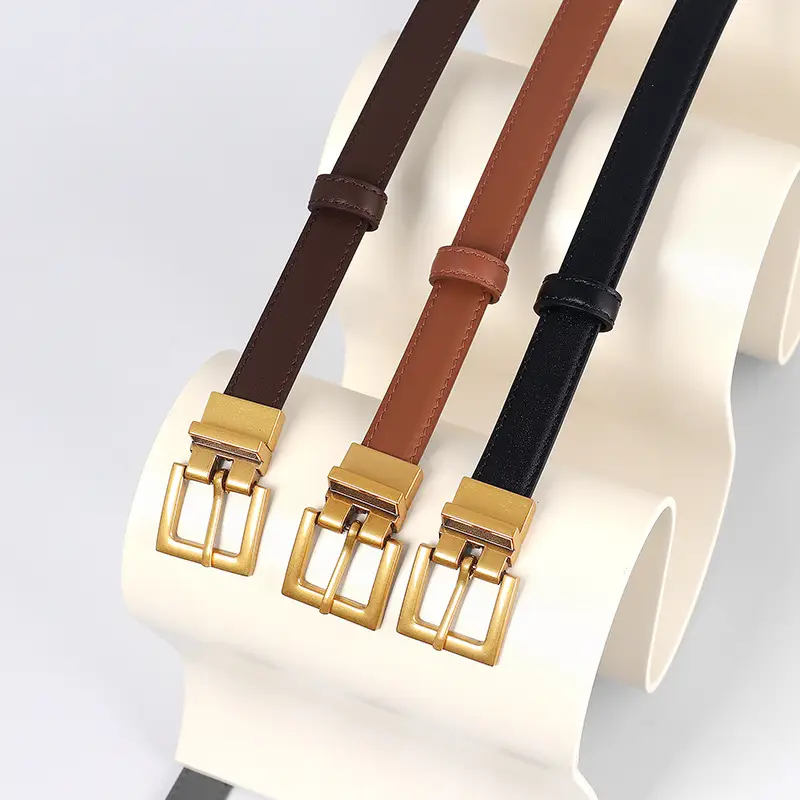 Women's Leather Belt with Gold Buckle Brown Black - Image 5
