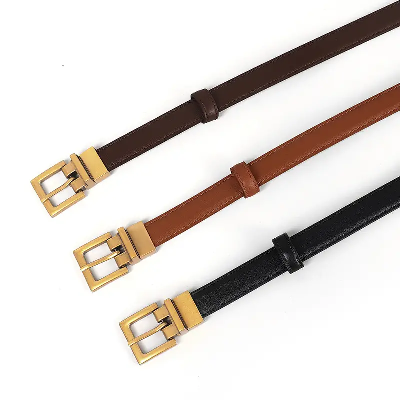 Women's Leather Belt with Gold Buckle Brown Black - Image 6
