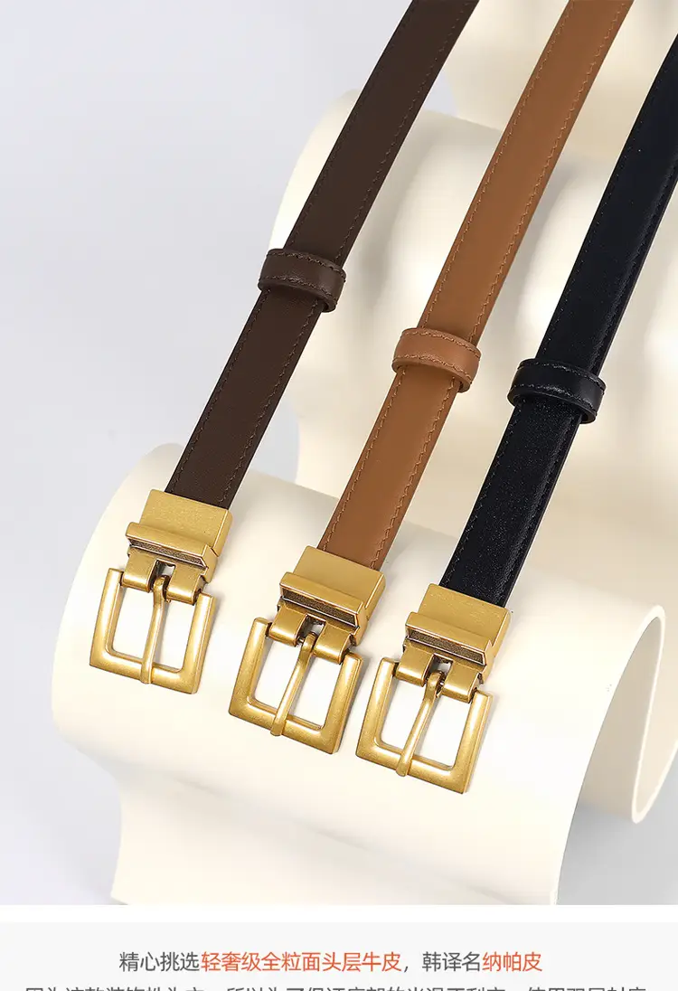 Women's Leather Belt with Gold Buckle Brown Black — feature 13