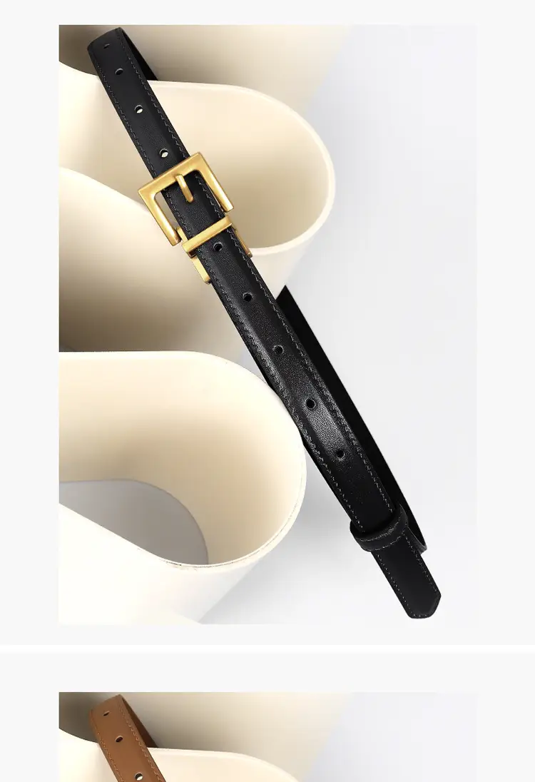 Women's Leather Belt with Gold Buckle Brown Black — feature 17