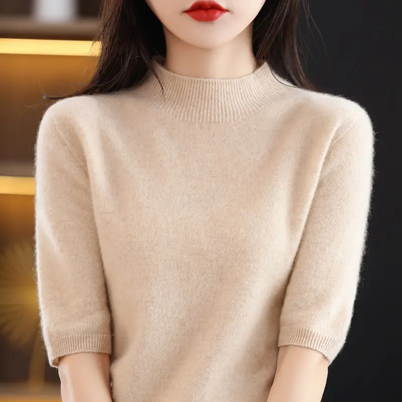 Women's 2025 Knitted Half-High Sweater Beige - Image 4
