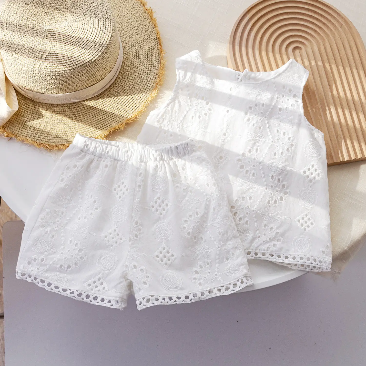 Girls White Jacquard Shorts Set Summer Vest Top - Image 3