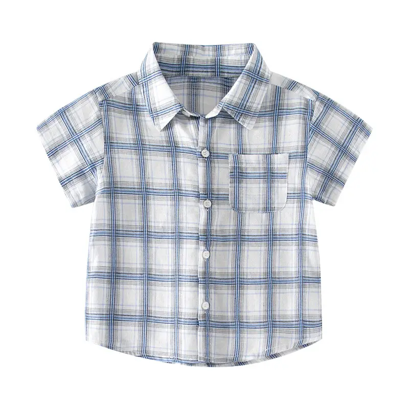 Blue Plaid Cotton Shirt for Kids Short Sleeve Casual Wear - Image 5