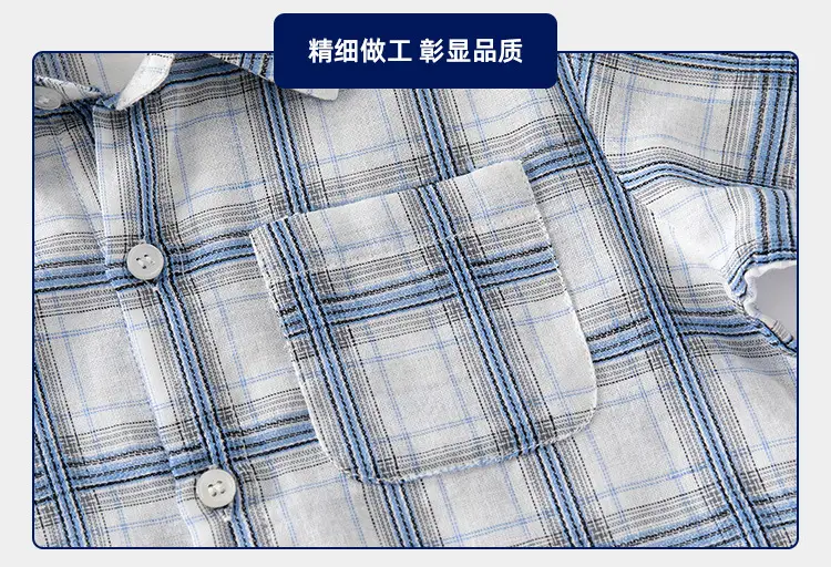 Blue Plaid Cotton Shirt for Kids Short Sleeve Casual Wear — feature 10