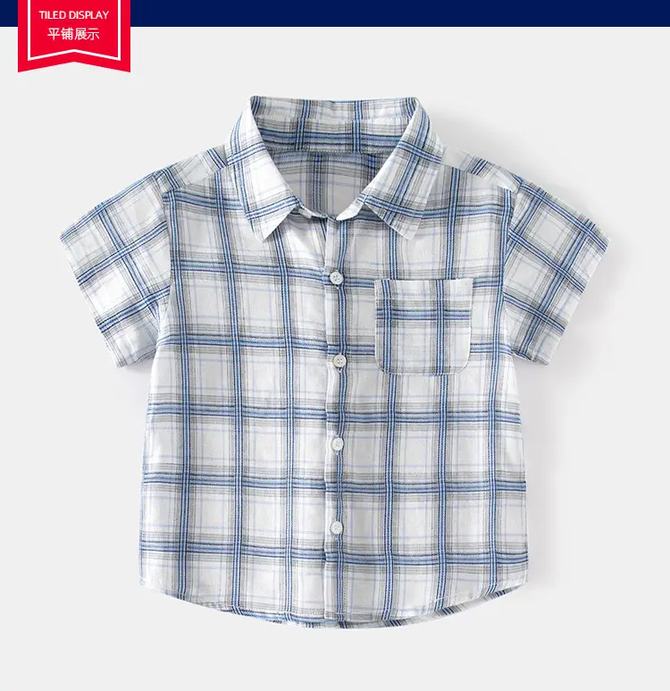 Blue Plaid Cotton Shirt for Kids Short Sleeve Casual Wear — feature 6