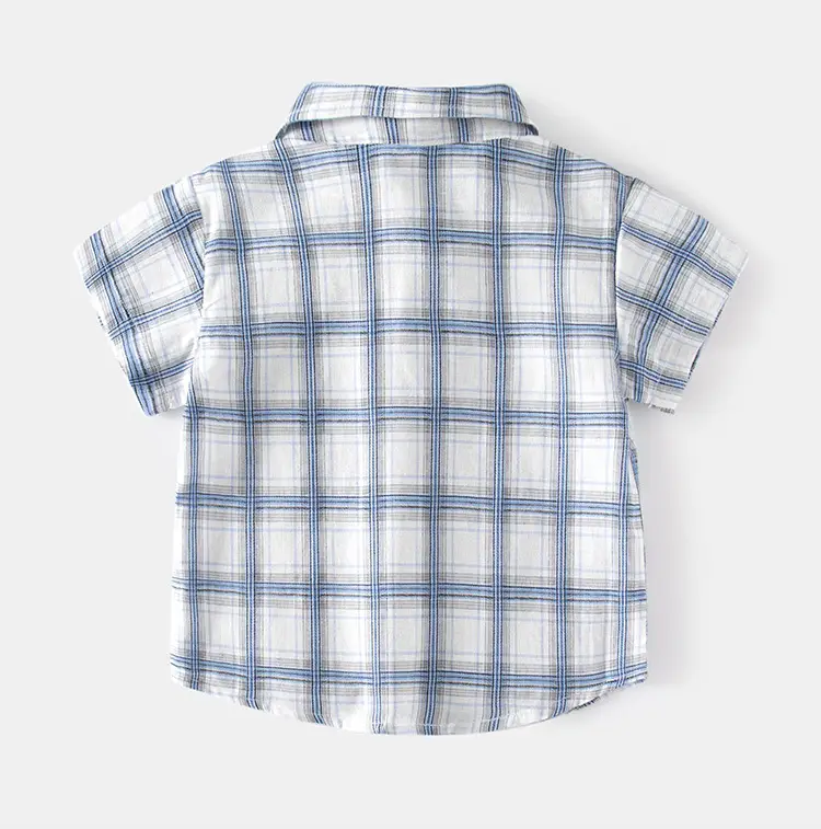 Blue Plaid Cotton Shirt for Kids Short Sleeve Casual Wear — feature 7