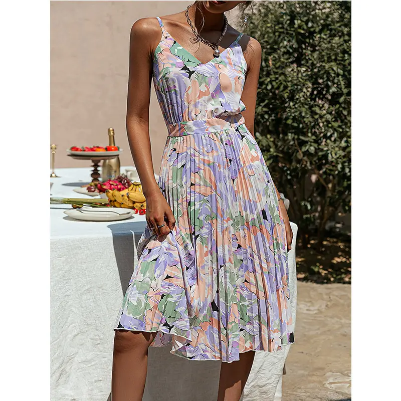 2023 Printed V-Neck High Waist Slip Dress for Women