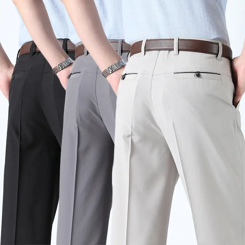 Men Ice Silk Pants Grey Loose Straight High Waist - Image 6