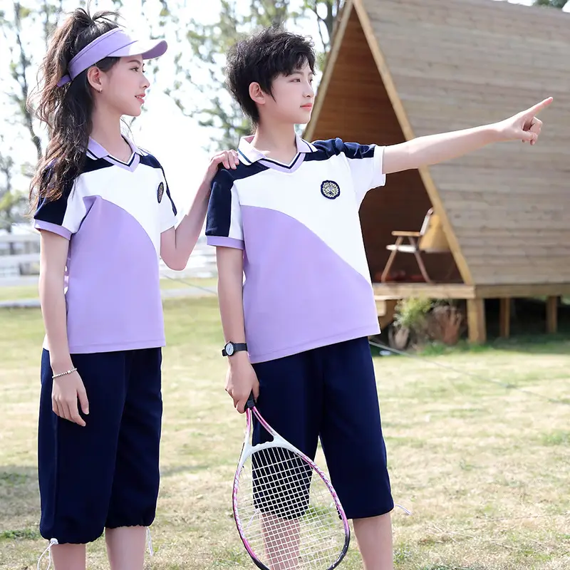 Guoguo Kids Polo Shirt Lavender White Black Primary School Uniform - Image 6
