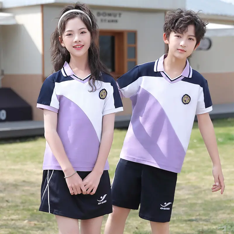 Guoguo Kids Polo Shirt Lavender White Black Primary School Uniform - Image 7