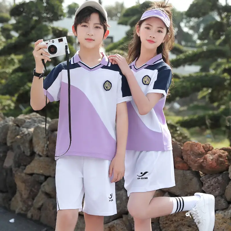 Guoguo Kids Polo Shirt Lavender White Black Primary School Uniform - Image 8