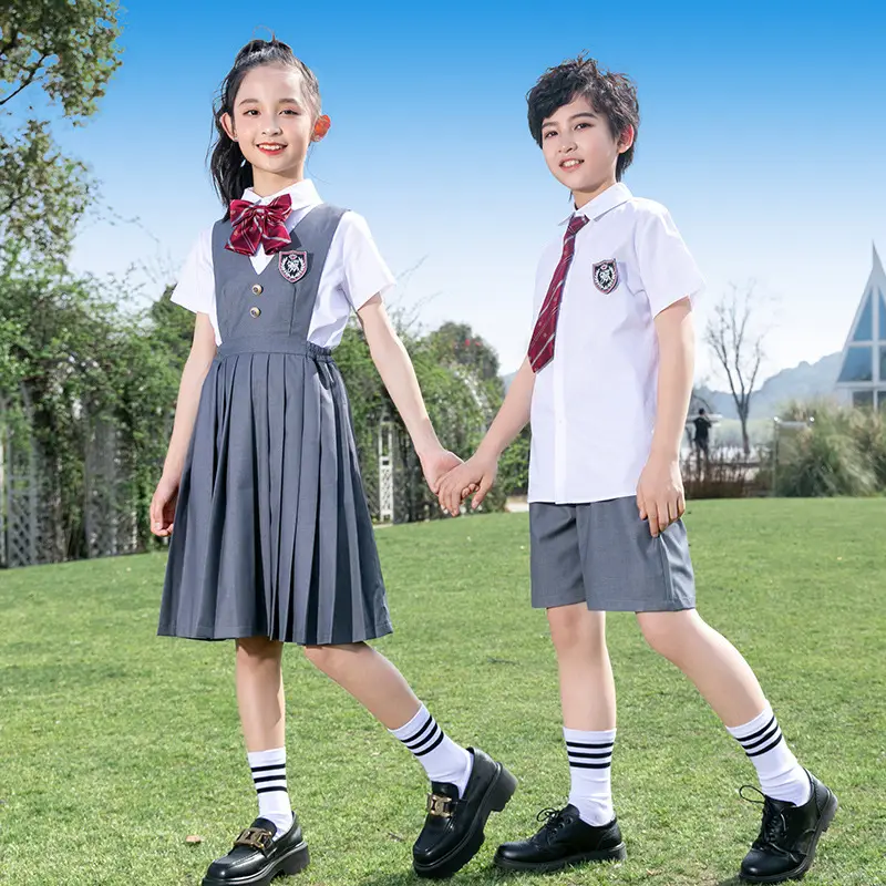 Children's School Uniforms White Gray Plaid Skirt Set - Image 4