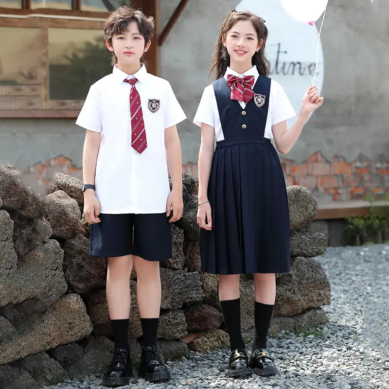 Children's School Uniforms White Gray Plaid Skirt Set - Image 5