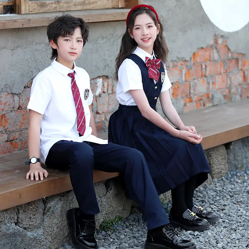 Children's School Uniforms White Gray Plaid Skirt Set - Image 6