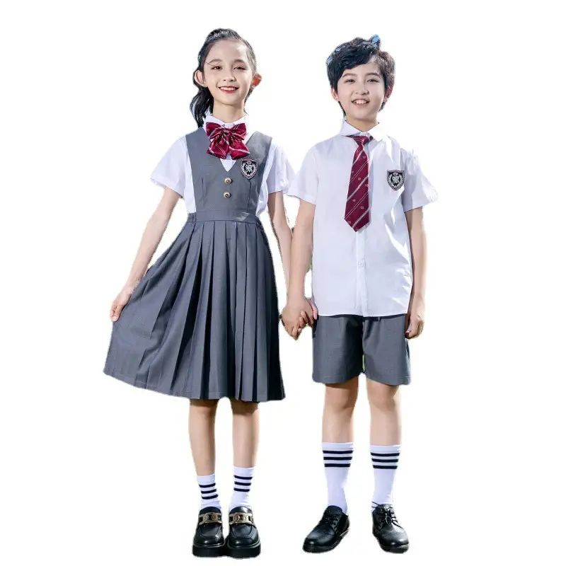 Children's School Uniforms White Gray Plaid Skirt Set - Image 7