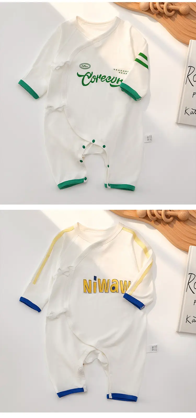 Newborn Baby Jumpsuit White Green Modal Monk Design — feature 8