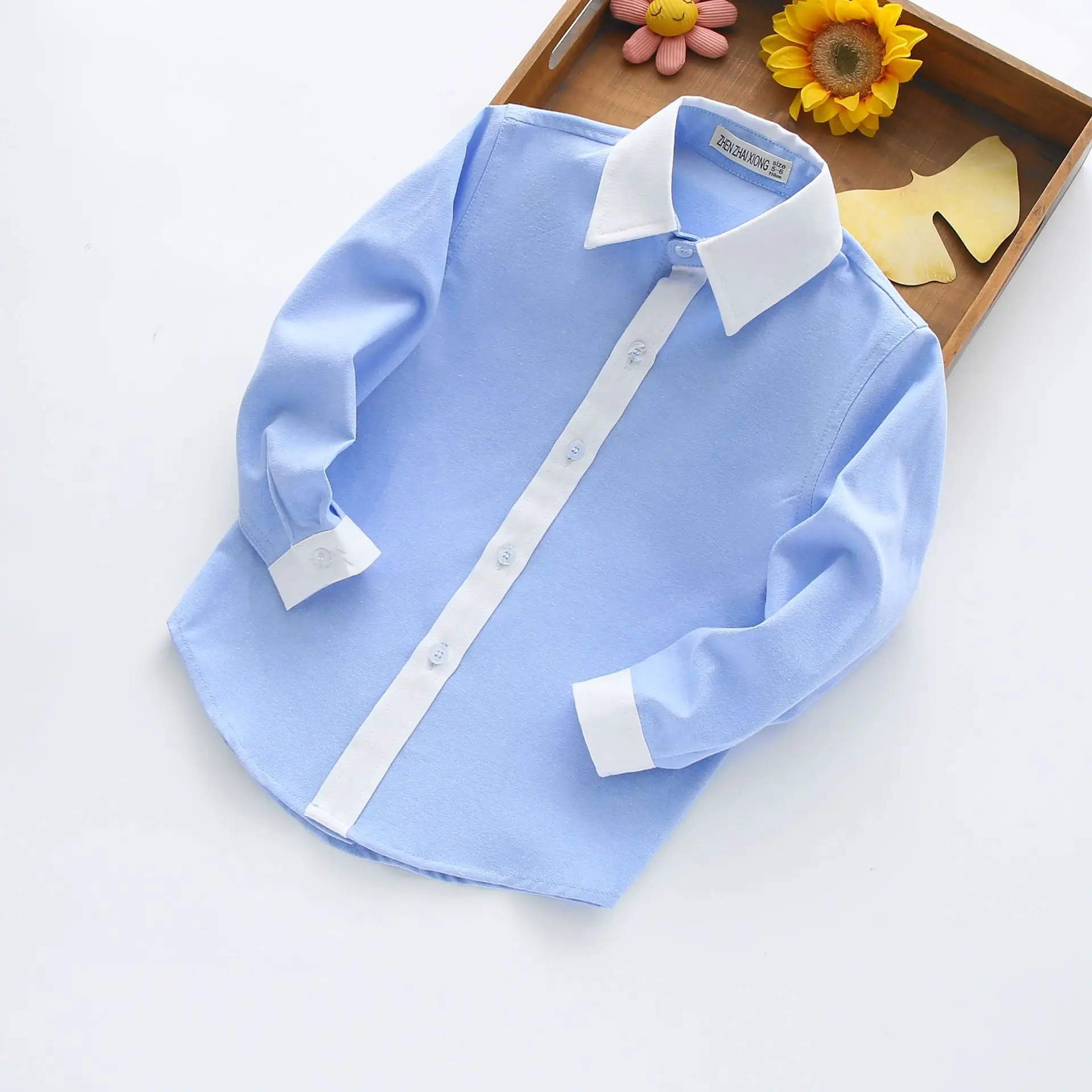 Men's Embroidered Light Blue Shirt with Tie for Boys Girls - Image 6
