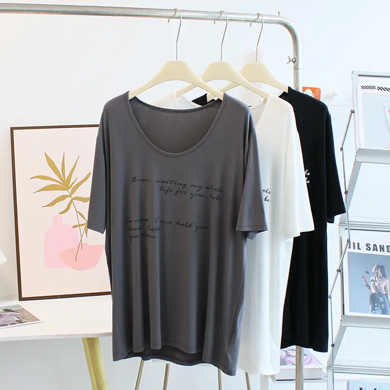Women Large Neckline Modal T-Shirt Grey Letters Casual Summer - Image 7