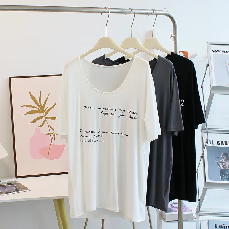 Women Large Neckline Modal T-Shirt Grey Letters Casual Summer - Image 8