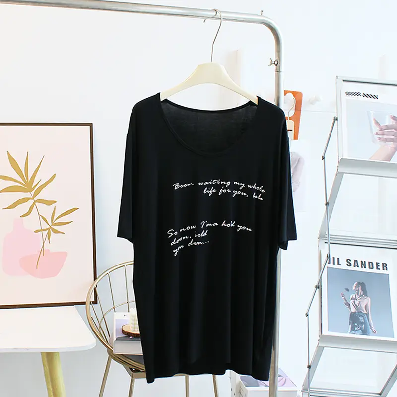 Women Large Neckline Modal T-Shirt Grey Letters Casual Summer - Image 9