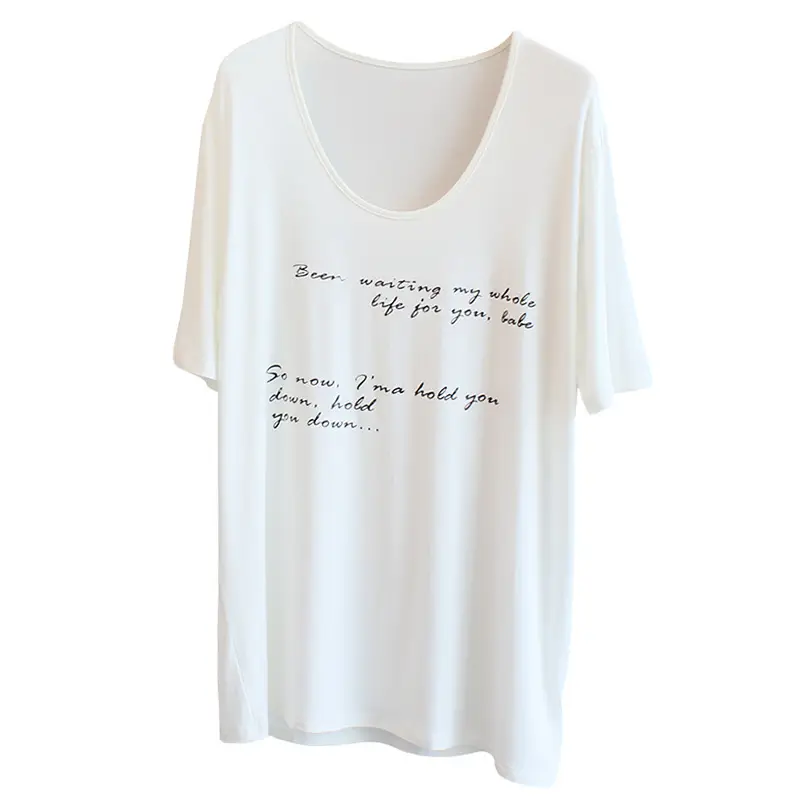 Women Large Neckline Modal T-Shirt Grey Letters Casual Summer - Image 11