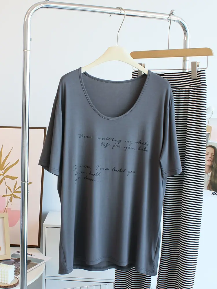 Women Large Neckline Modal T-Shirt Grey Letters Casual Summer — feature 13