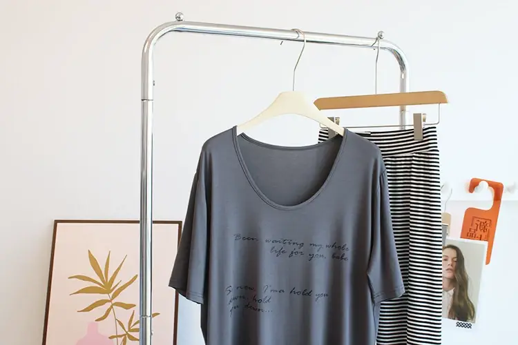 Women Large Neckline Modal T-Shirt Grey Letters Casual Summer — feature 14