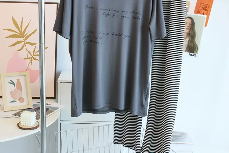 Women Large Neckline Modal T-Shirt Grey Letters Casual Summer — feature 15