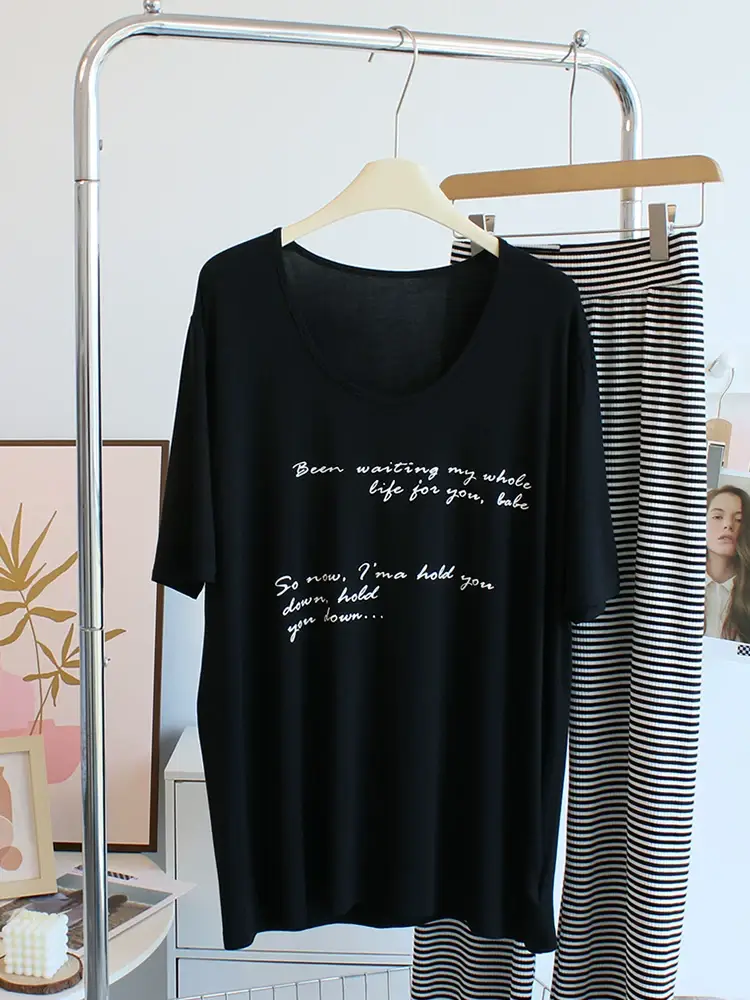 Women Large Neckline Modal T-Shirt Grey Letters Casual Summer — feature 17