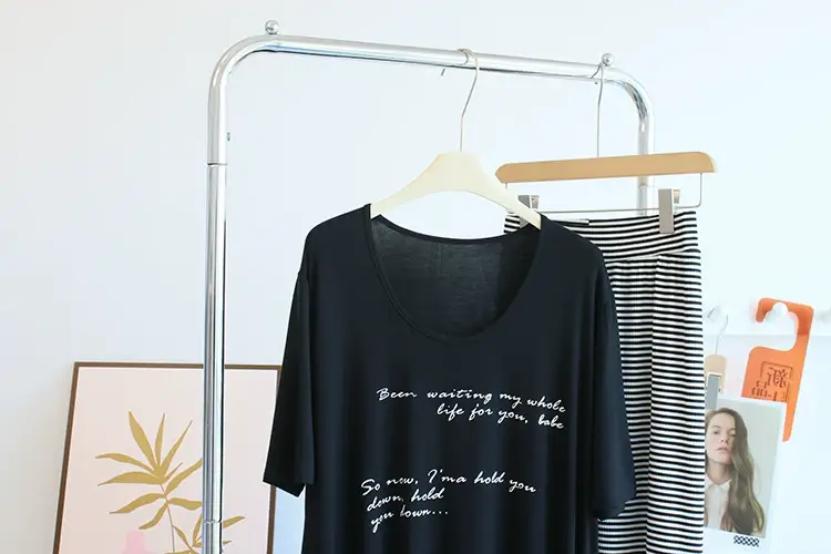 Women Large Neckline Modal T-Shirt Grey Letters Casual Summer — feature 18