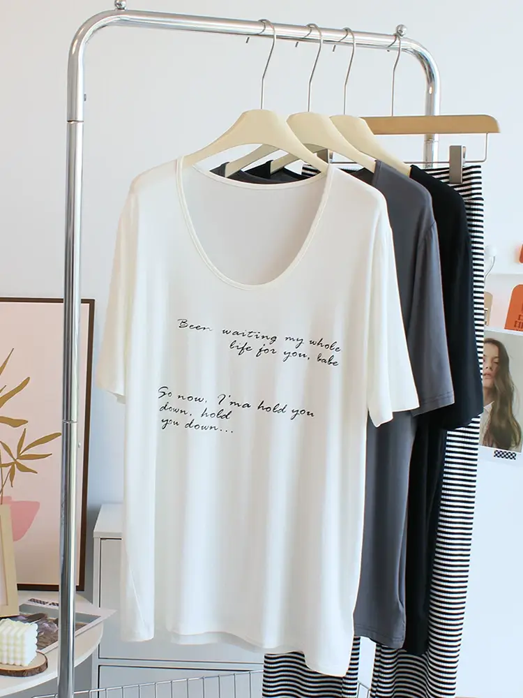 Women Large Neckline Modal T-Shirt Grey Letters Casual Summer — feature 2