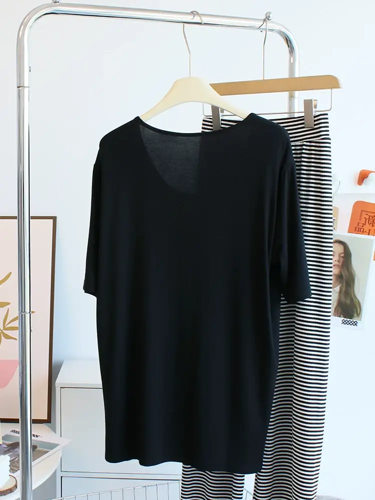 Women Large Neckline Modal T-Shirt Grey Letters Casual Summer — feature 20