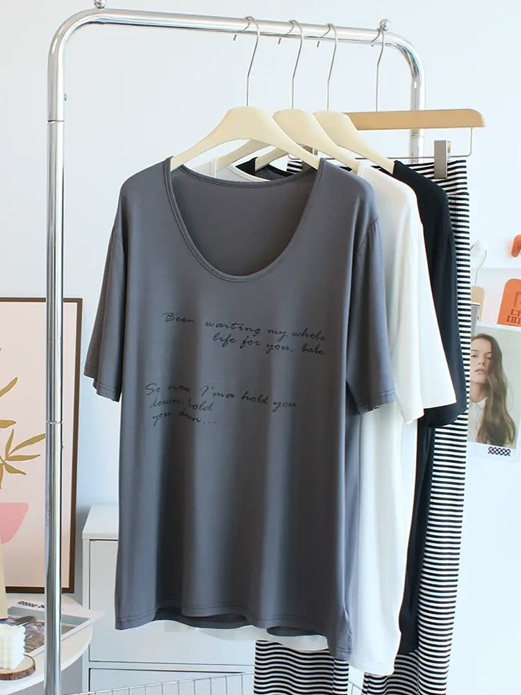 Women Large Neckline Modal T-Shirt Grey Letters Casual Summer — feature 6