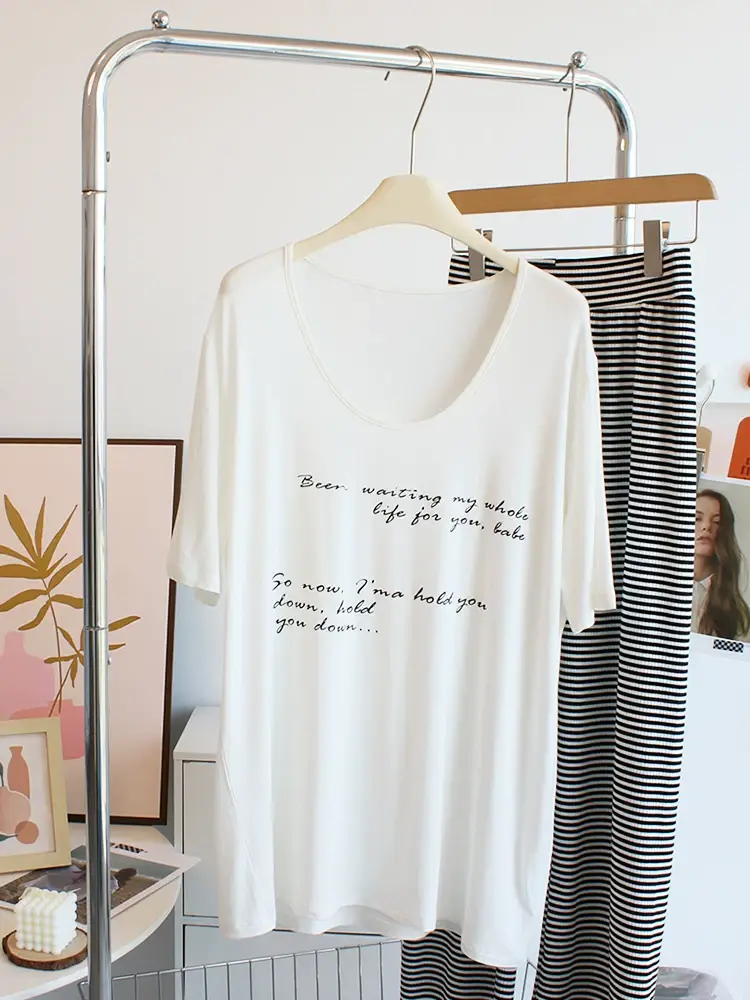 Women Large Neckline Modal T-Shirt Grey Letters Casual Summer — feature 9