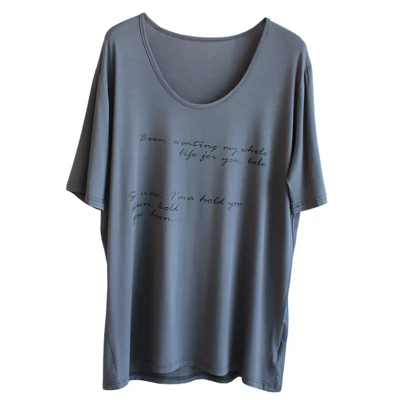 Women Large Neckline Modal T-Shirt Grey Letters Casual Summer - Image 2