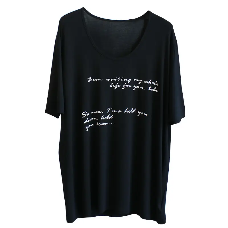 Women Large Neckline Modal T-Shirt Grey Letters Casual Summer - Image 3