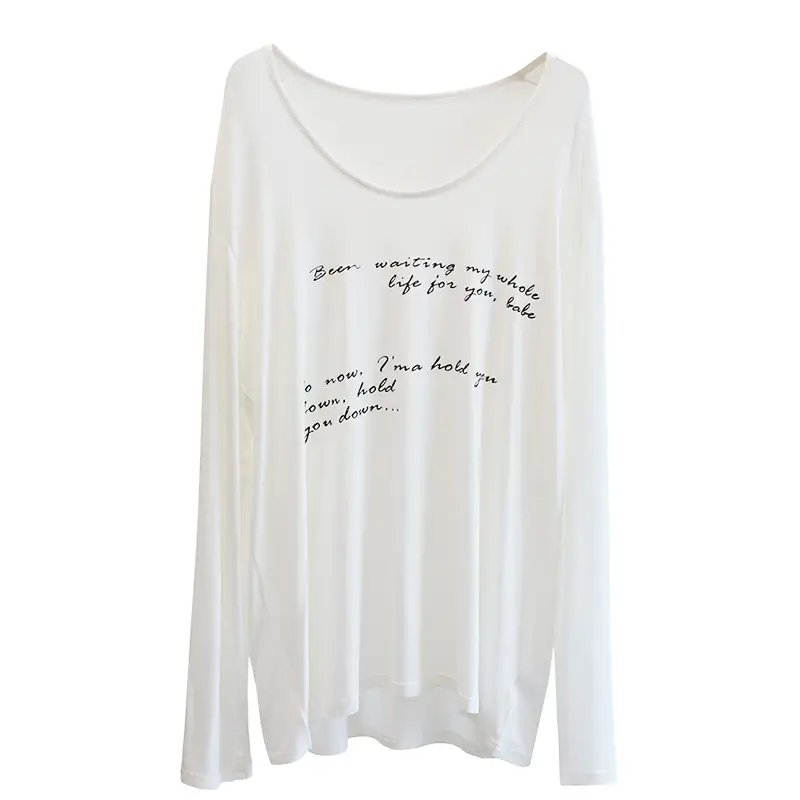 Women Large Neckline Modal T-Shirt Grey Letters Casual Summer - Image 4