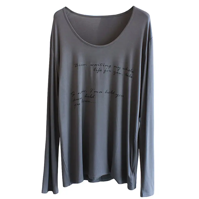 Women Large Neckline Modal T-Shirt Grey Letters Casual Summer - Image 5