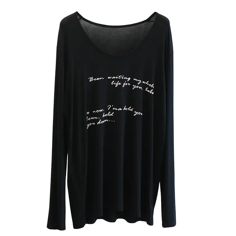 Women Large Neckline Modal T-Shirt Grey Letters Casual Summer - Image 6