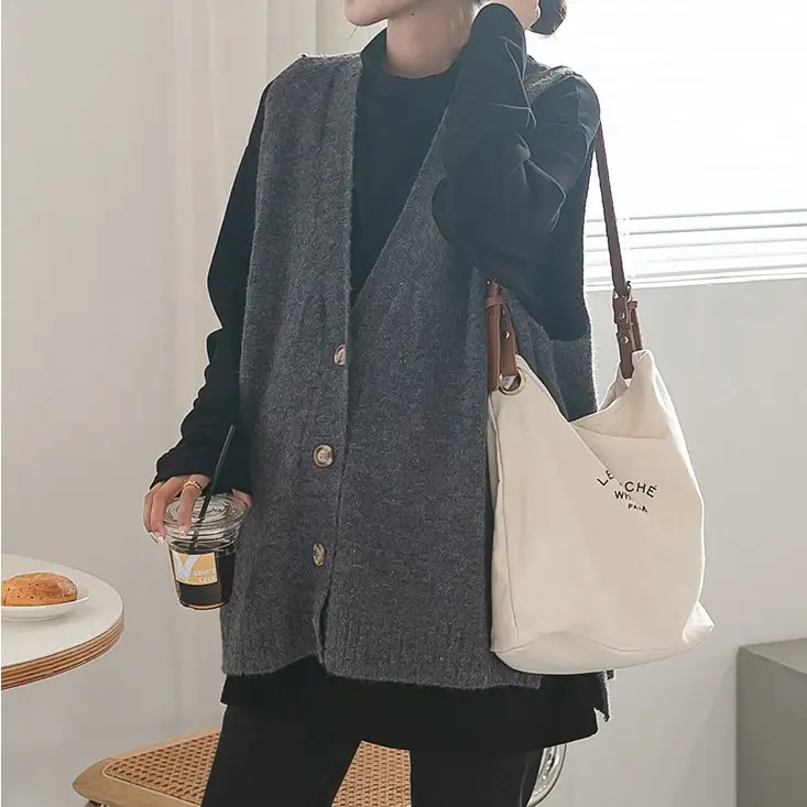 Women's V-Neck Knitted Sweater Vest Cream — feature 9