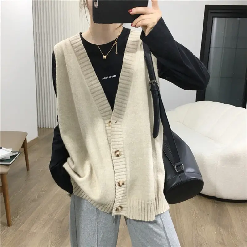 Women's V-Neck Knitted Sweater Vest Cream - Image 2