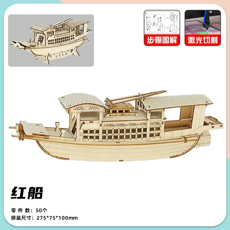 Carved red boat + step diagram