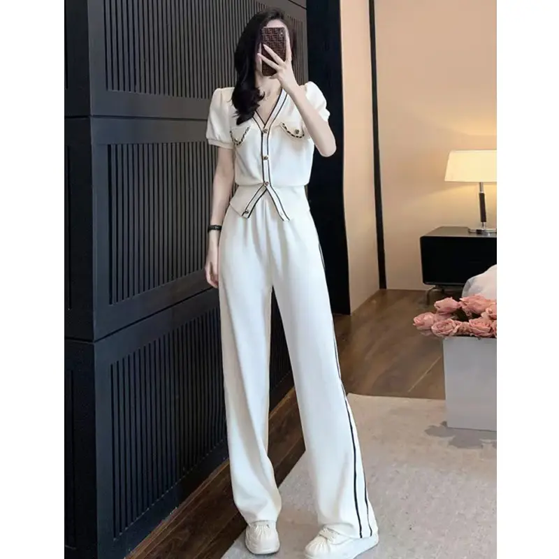 Women V-Neck Wide Leg Pants 2025 Casual Suit - Image 3
