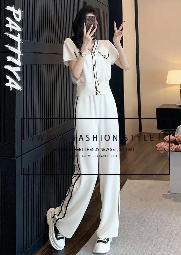 Women V-Neck Wide Leg Pants 2025 Casual Suit — feature 2