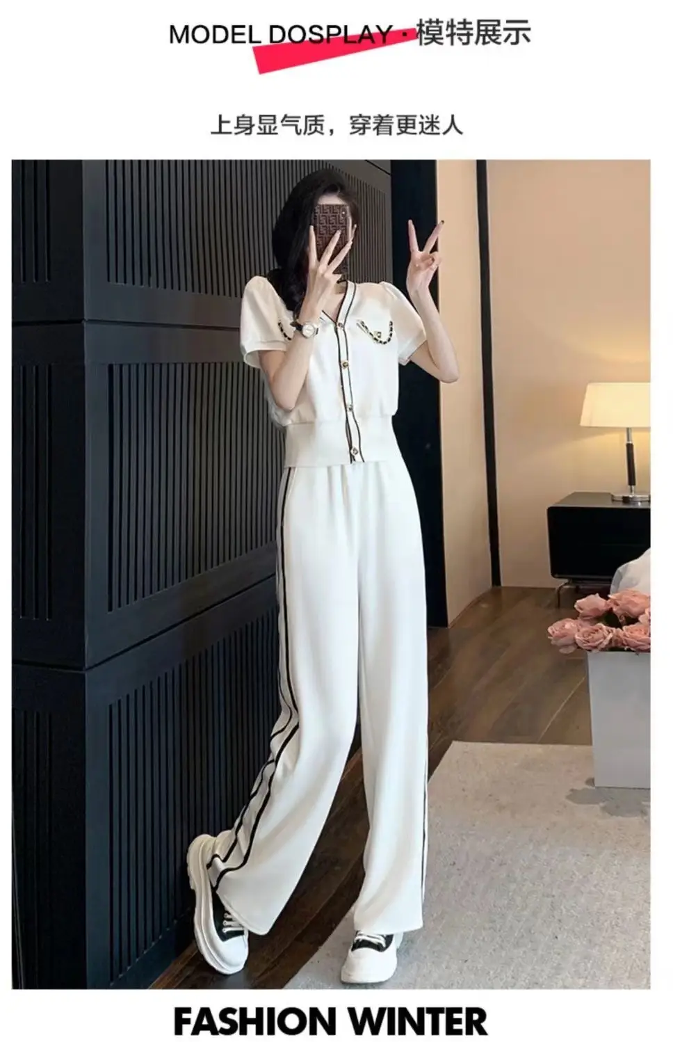 Women V-Neck Wide Leg Pants 2025 Casual Suit — feature 5