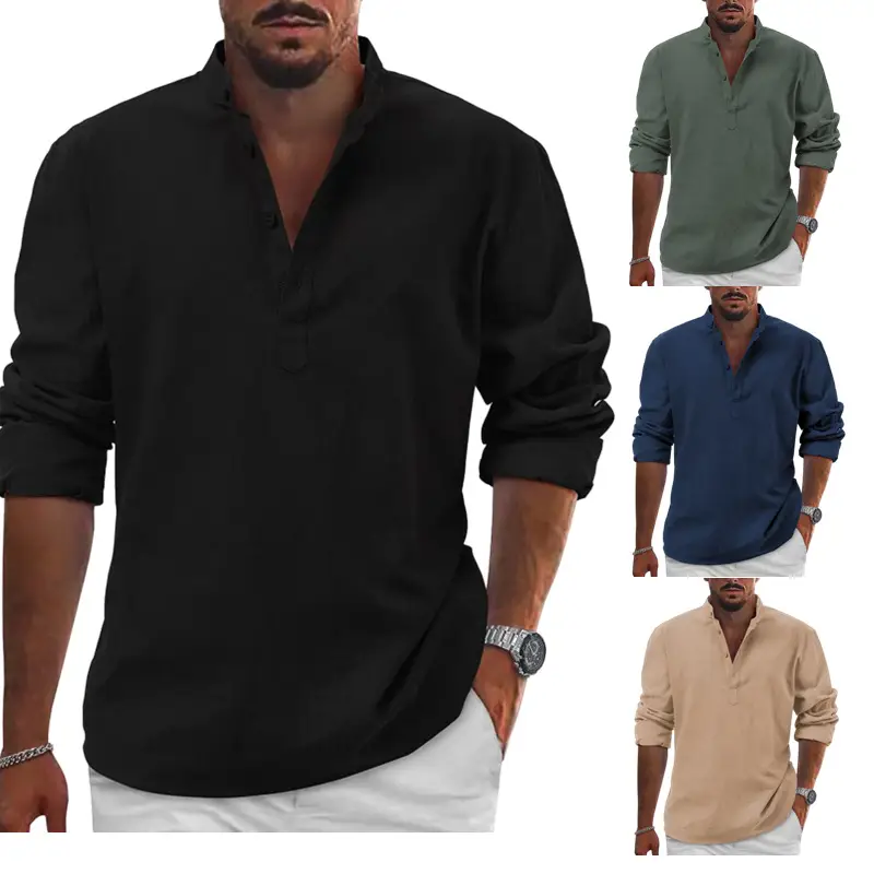 Men Linen Long Sleeve T-Shirt Solid Color Large - Image 13