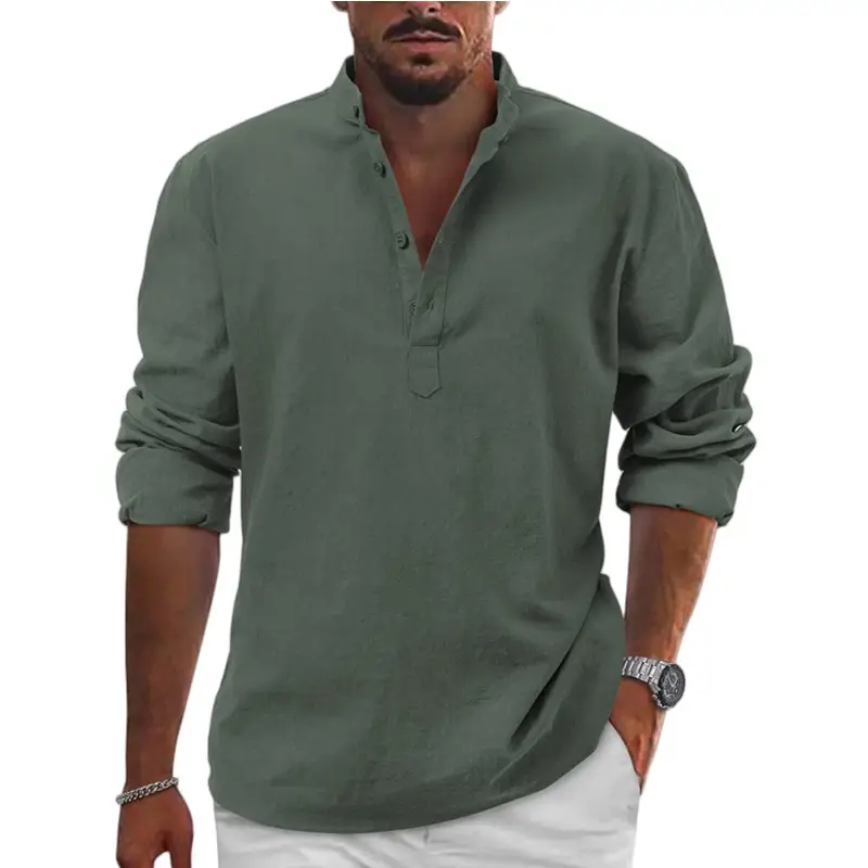 Men Linen Long Sleeve T-Shirt Solid Color Large - Image 14
